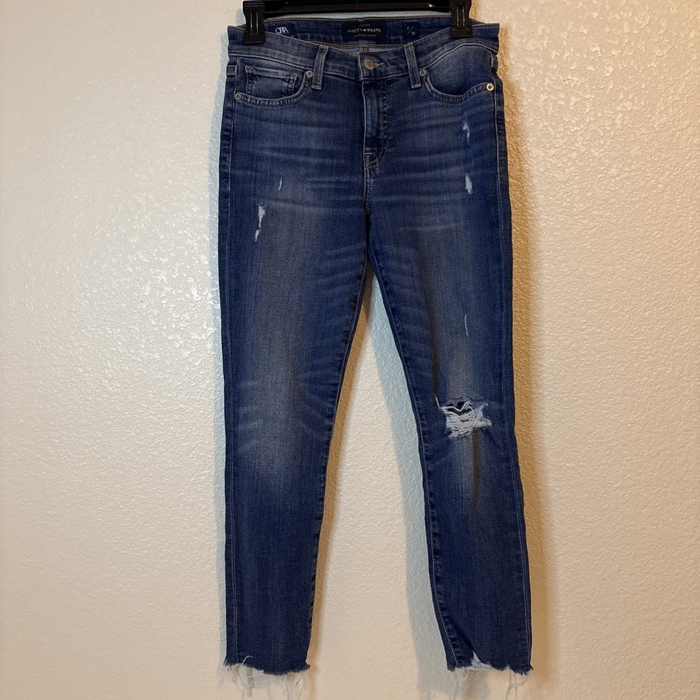 Lucky Brand‎ Ava Crop Jeans Womens 6 28 Blue Mid Rise Skinny Frayed Hem Denim